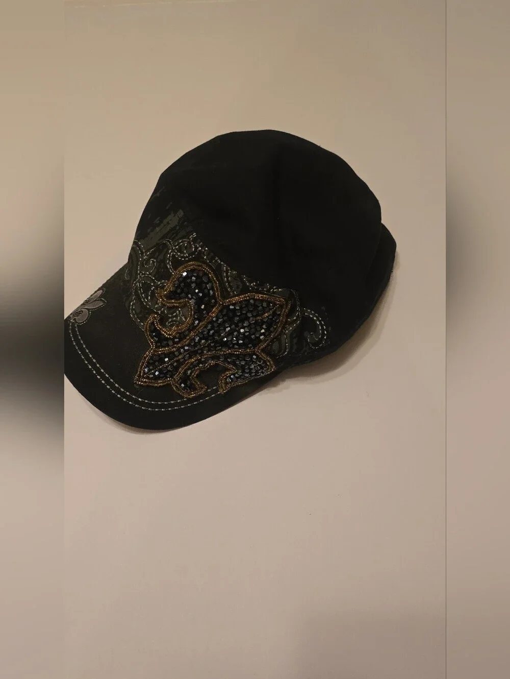 Women's Black Embellished Fluer De Lis  Hat Excellent Condition